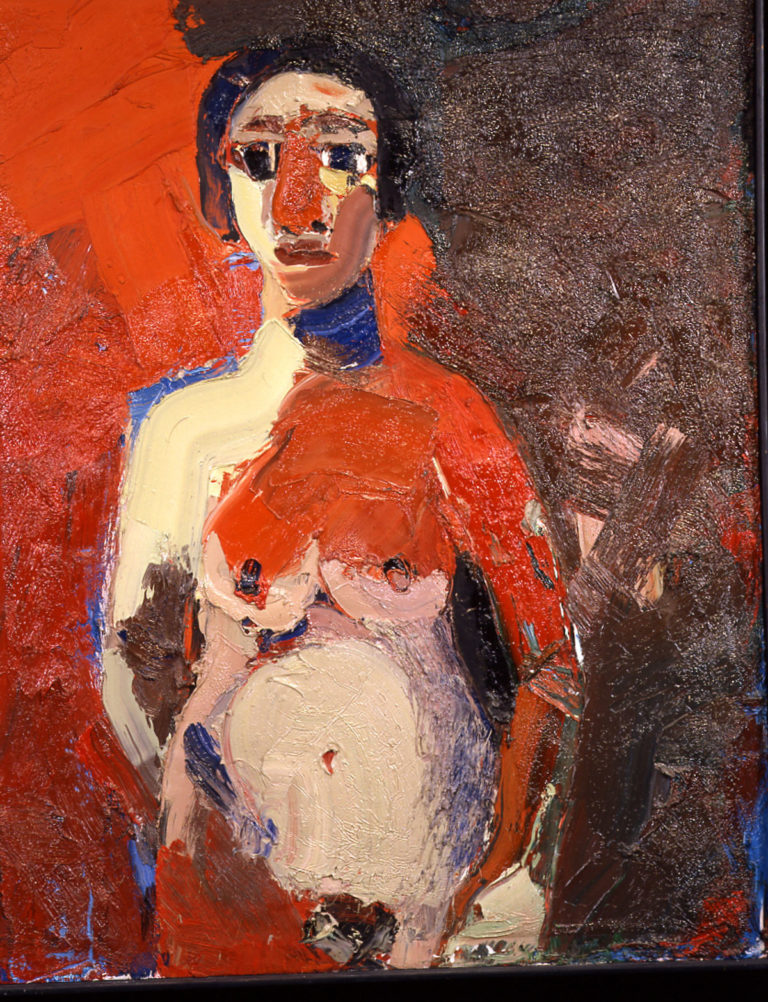 Joan-Brown, 𝘎𝘪𝘳𝘭 𝘚𝘵𝘢𝘯𝘥𝘪𝘯𝘨 (𝘎𝘪𝘳𝘭 𝘸𝘪𝘵𝘩 𝘙𝘦𝘥 𝘕𝘰𝘴𝘦), 1962, 60 × 48 inches.