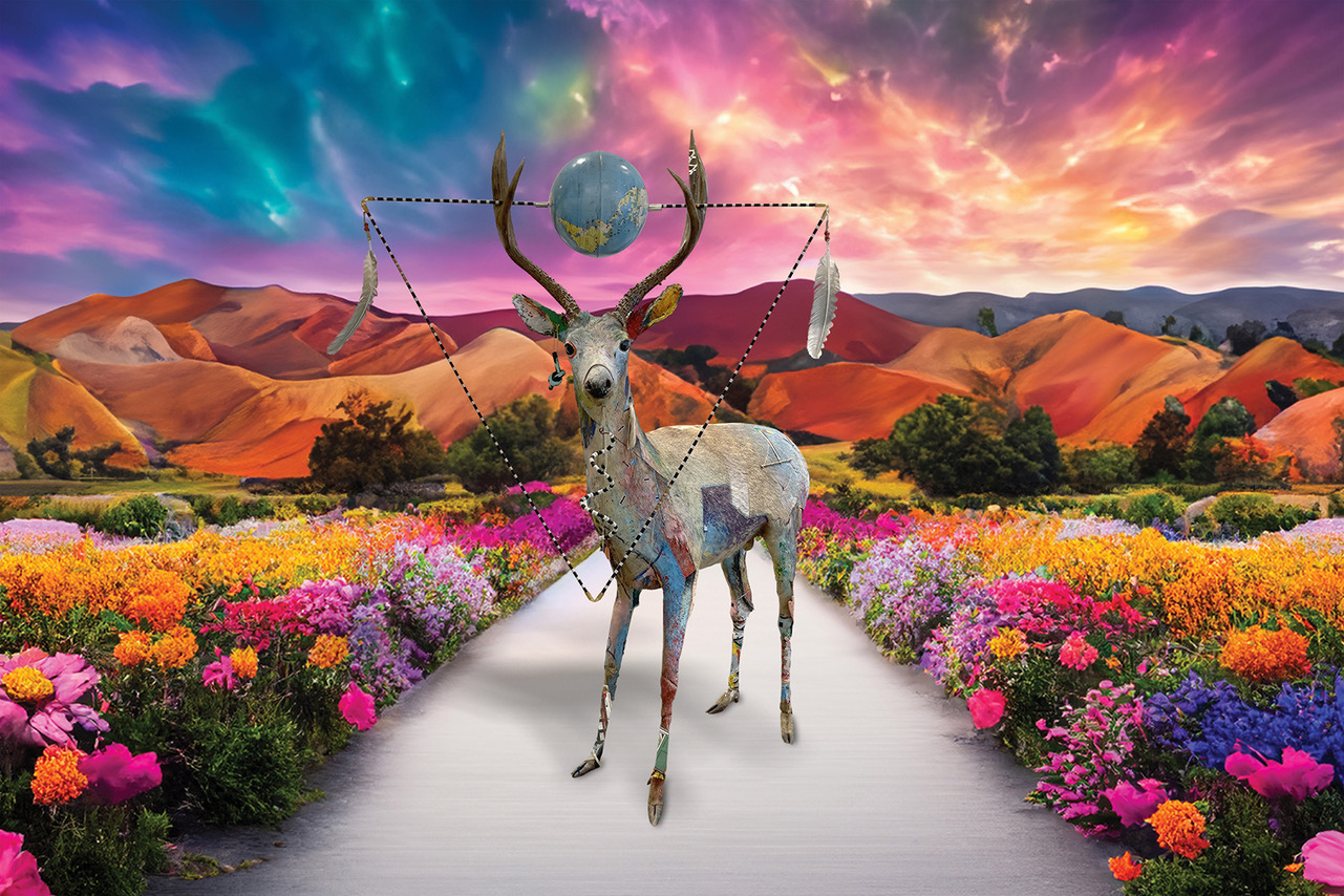 A sculpture of a deer with collaged elements amidst a colorful landscape