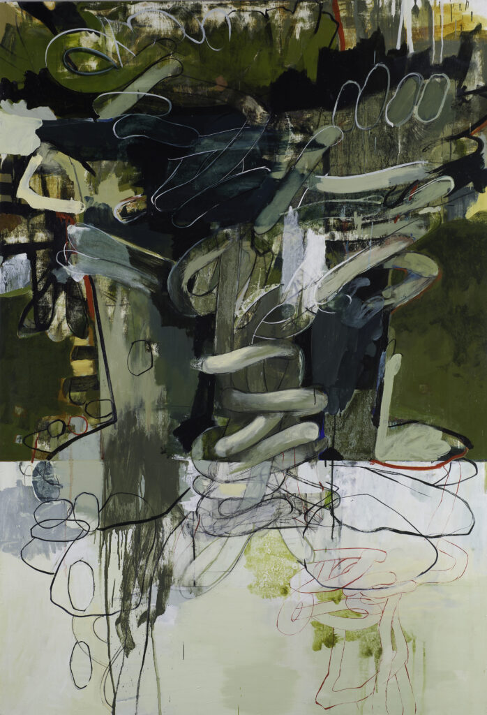 An abstract painting with vine like forms and dripping hues of green and grey