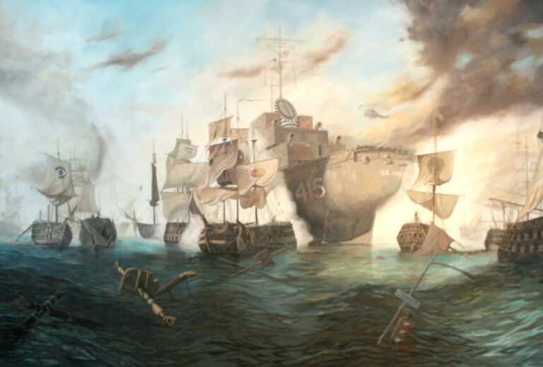 A painting of ships with corporate logos on their sails, at war