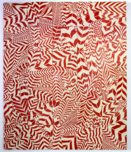 An abstract work in red and white on glazed tiles