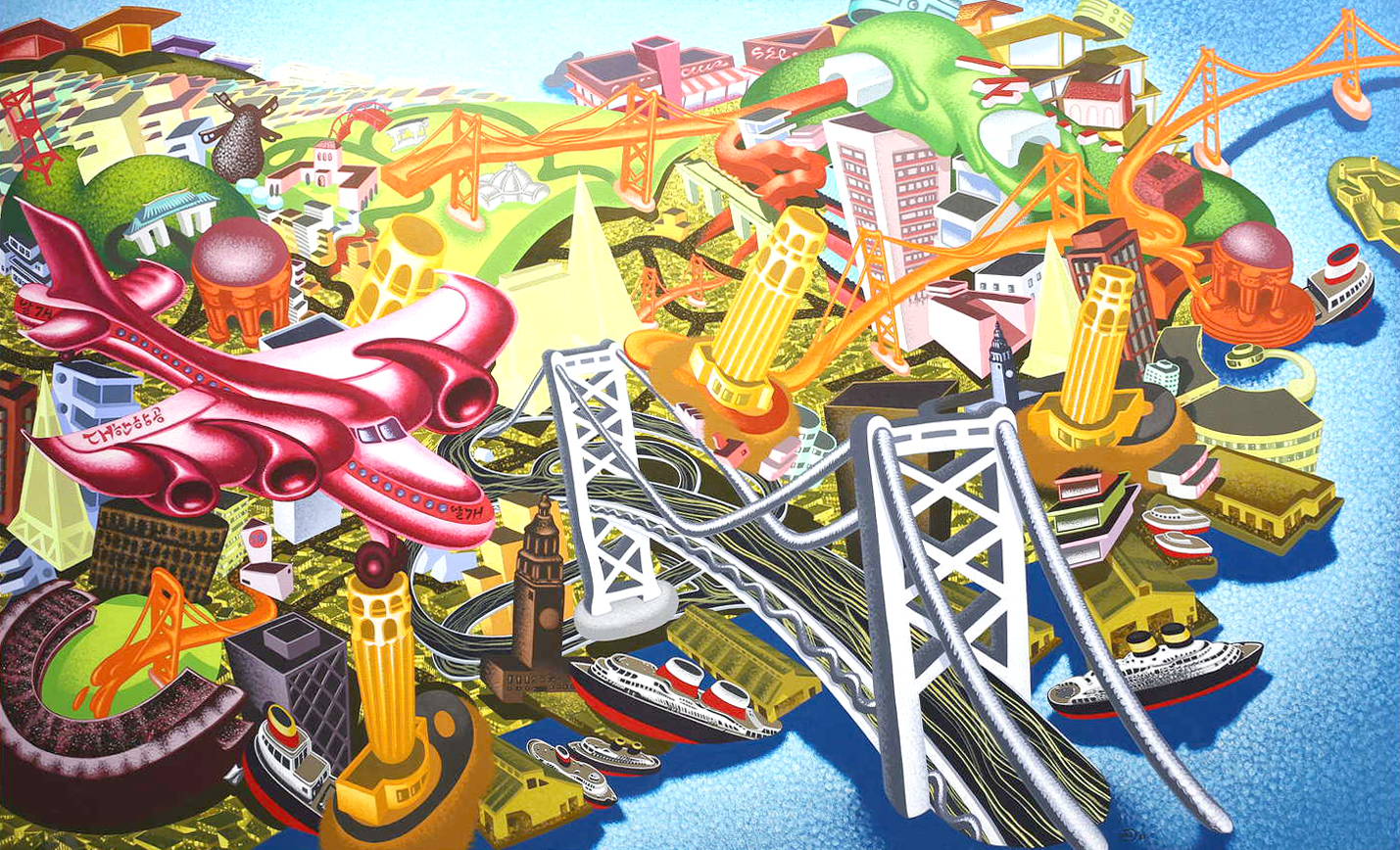 A cartoony painting of san francisco