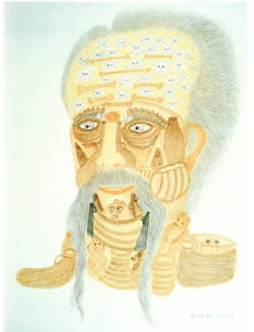 A drawing of a human head composed with various vessels with long grey moustache and grey hair, with bloodshot eyes and multiple skull and crossbones emblazoned on its forehead