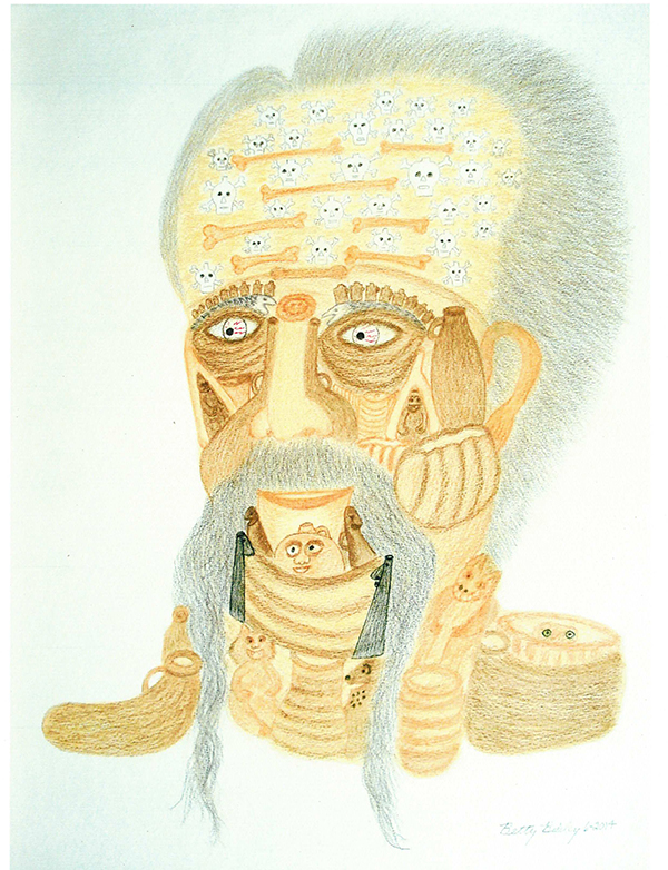 A drawing of a human head composed with various vessels with long grey moustache and grey hair, with bloodshot eyes and multiple skull and crossbones emblazoned on its forehead