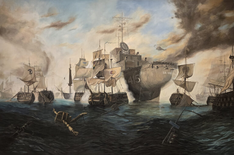 A painting of ships with corporate logos on their sails, at war