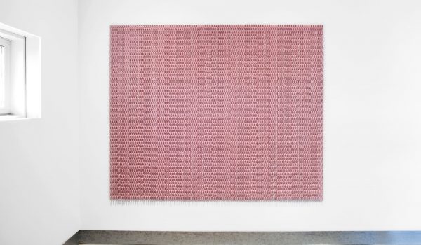 Blush, 2020 powder coated galvanized steel chain, powder coated stainless steel nails; 70 x 87 inches